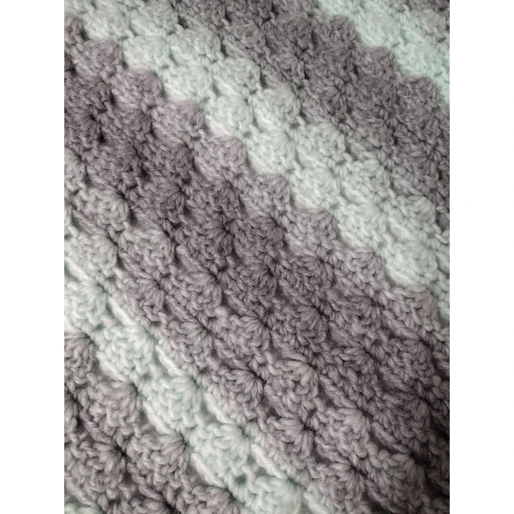 Handmade Crochet Baby Blanket Striped Grey Mint Green Shell Stitch 43x33 Throw